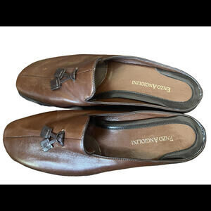 ENZO‎ ANGIOLINI Brown Leather TOE Slide Flat Mule Loafers With Tassel Sz 7.5
